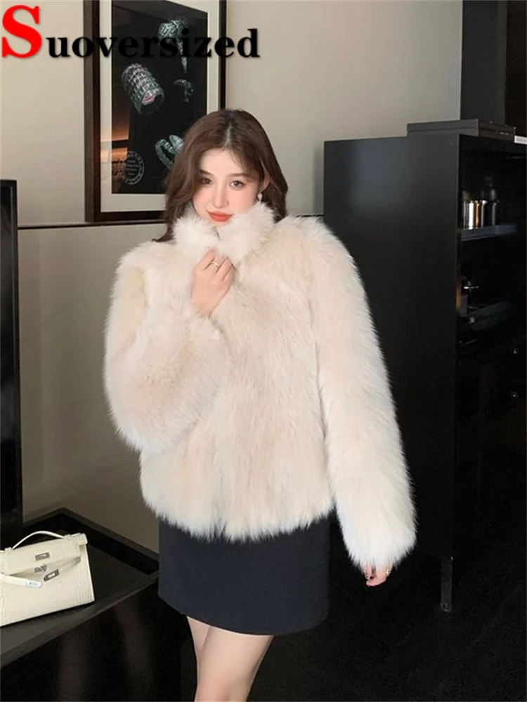 Koreanische Winter Faux Fox Pelz mäntel verdicken warme Luxus Chaquetas Mode lose weiche pelzige Jacke Vintage elegante kurze Pele Casaco