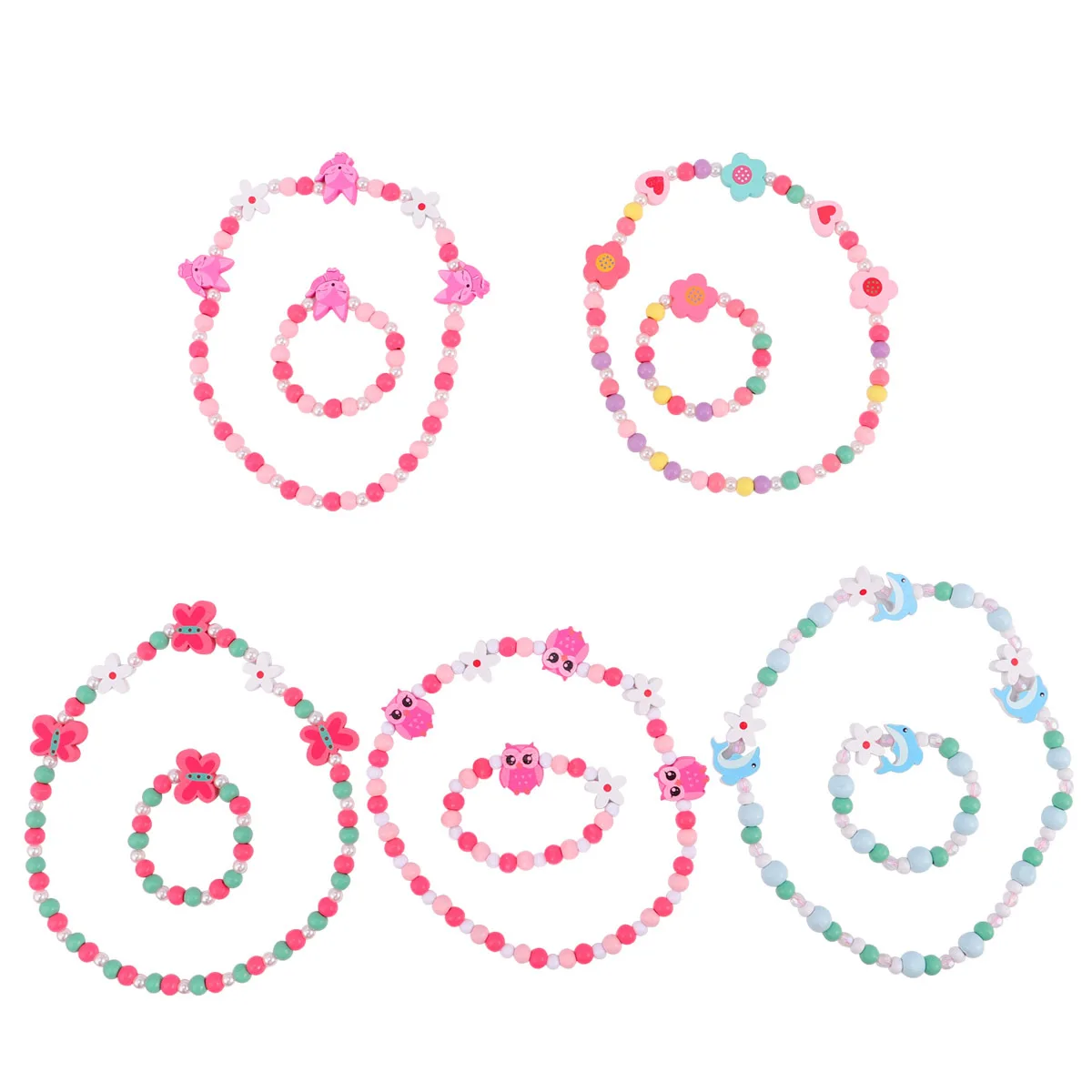 Juego de 5 collares y pulseras para niños, joyería con cuentas de dibujos animados para niñas, regalo de recuerdo para fiesta de cumpleaños, accesorio