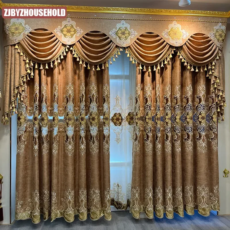 

Embroidered Luxury Chenille Curtains for Living Room Bedroom Villa Noble Coffee Valance Tulle Shading High-end Customization