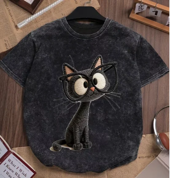 Artistic Style Imitation Embroidery Black Cat Round Neck Short Sleeved Loose Shoulder Vintage Style Women's Daily Short Sleeved