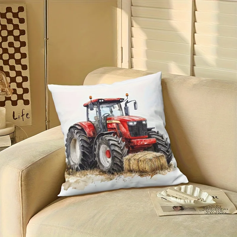 Red Tractor Pillowcase, Farm Machinery Cushion Cover, Hay Bale Print, Country Style Decor, Agriculture Theme Home Textile Throw