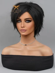Black short straight hair pixie cut wig synthetic wig with bangs women's natural hair suitable for daily wear cute personality