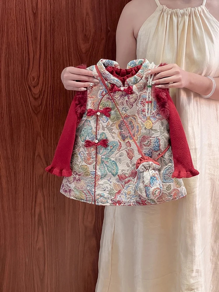 

Новый зимний комплект ханьфу для девочек, наряд для первого года жизни, детский костюм в стиле нового китайского национального флага, костюм династии Тан, наряд на Новый год...