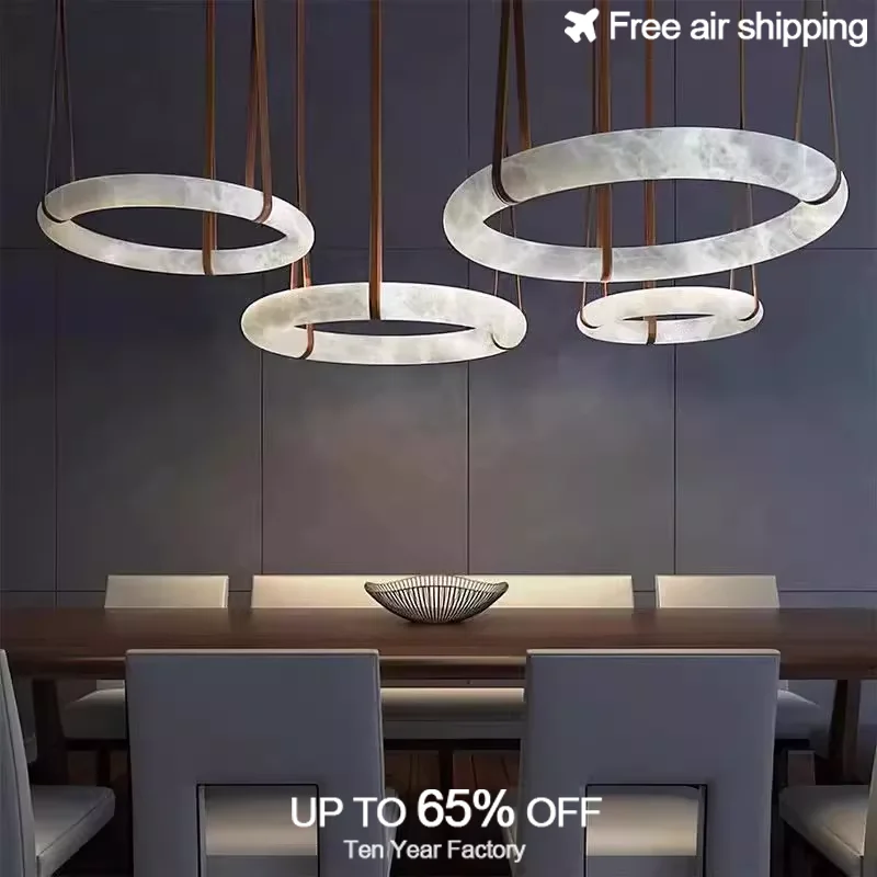 Minimalist Contemporary Circle Marble Brown Belt Hanging Chandelier Pendant Lamp for Living Room Home Decor Lighting