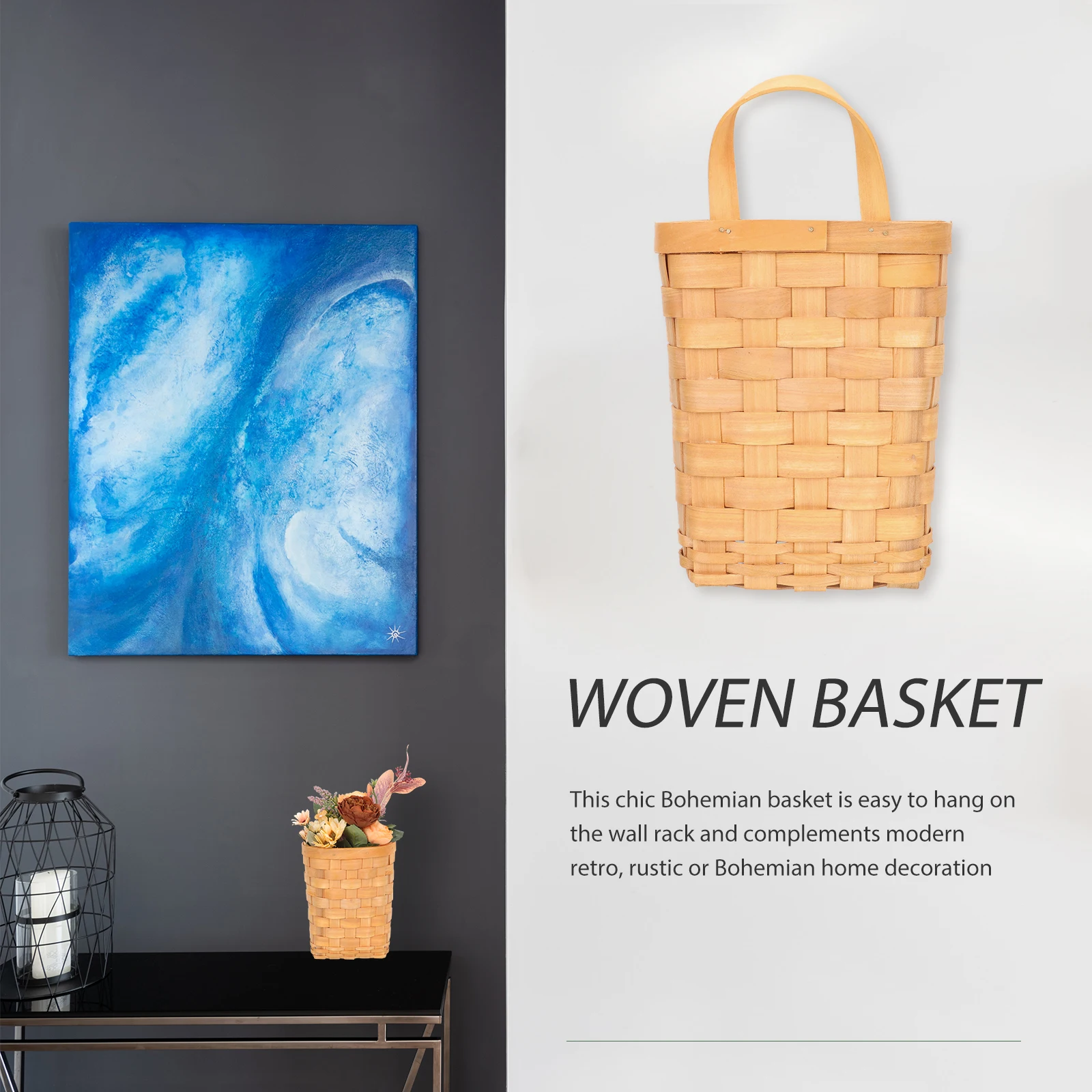 

Woven Storage Basket Wooden Hanging Organizer Nordic Style Kitchen Wall Hanging Storage Bin for Cosmetics Keys Kitchenware