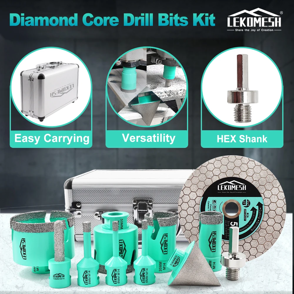 LEKOMESH 11Pcs Diamond Drill Core Bit Sets Dia6-68mm Tile Hole Saw Opener+ 50mm Chamfer Bit+Dia125mm Cutting Blade M14 Tool Kit view 2