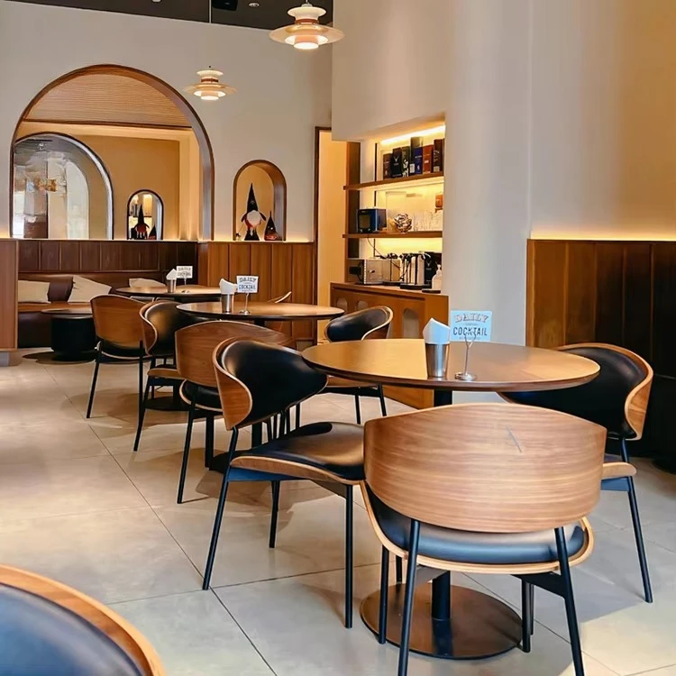 

Chinese Custom Coffee Shop Modern Chinese Business Cafe Oak Laminated Wood Round Dining Room Furniture Table And Chair Set