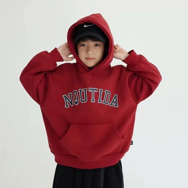 

2025 Autumn Winter New American Korean Style Boys Mid-Large Size Fleece-Lined Hooded Sweatshirt - Trendy Warm Kids Top