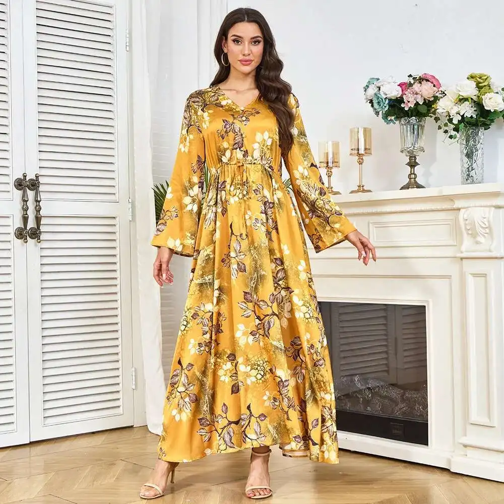 

New Printed Women's Yellow Waist-cinching Slimming Long-sleeve Flared Dress From Long Robe Clothing Factory Islam Elegant