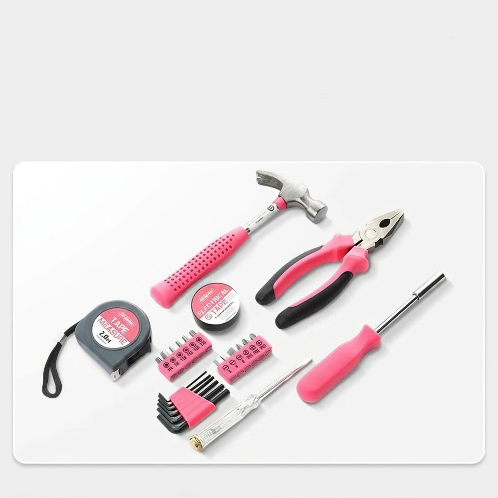 Pink Carbon Steel  Tool Set Hardware Repair Kit Pliers Wrench Hammer Screwdriver Tape Measure Plastic Case Storage