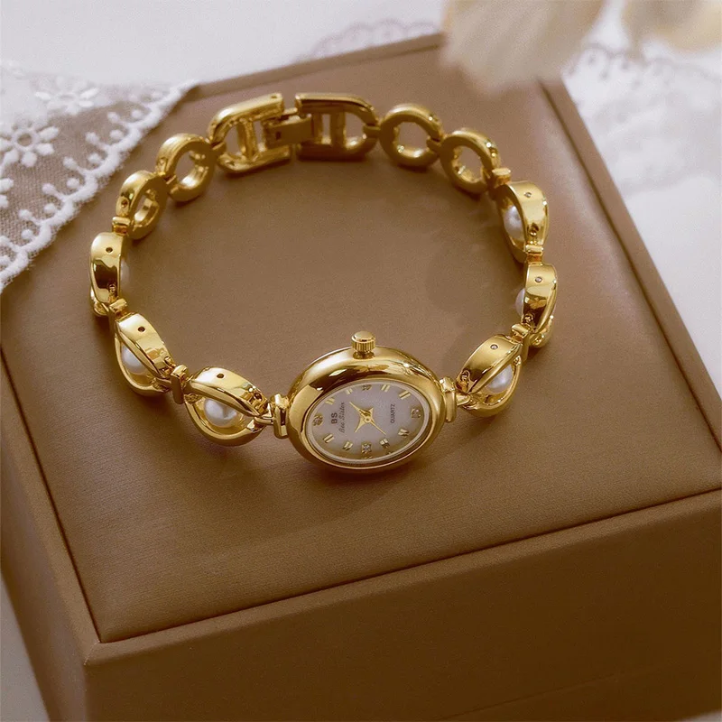Elegant Classic Women's Watches High End Temperament Exquisite Gold Pearl Bracelet White Oval Dial Quartz Wristwatch Clock Gift