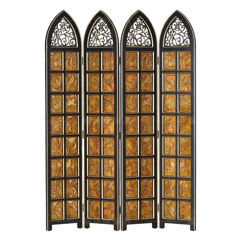Black screen flower and bird pattern foldable living room partition screen