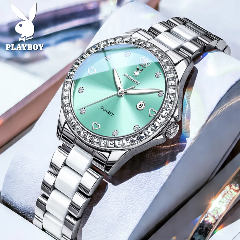 PLAYBOY Luxury Watch for Woman Elegant Ceramics Strap Diamond Bezel Fashion Quartz Women's Watches Waterproof Ladies Watch 3555