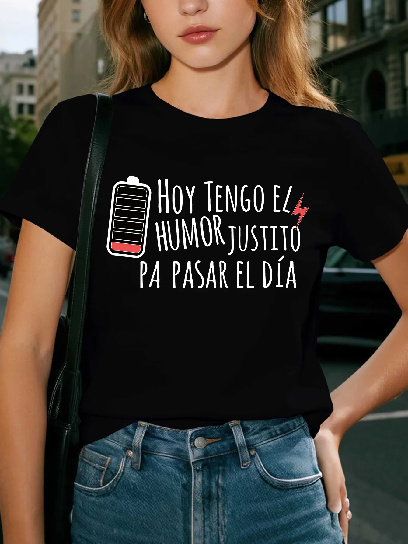 Hoy Tengo El Humor Justito Pa Pasar El Día Low Battery Mood Graphic Print Crew Neck Short Sleeve T-Shirt Women's Tops Clothes