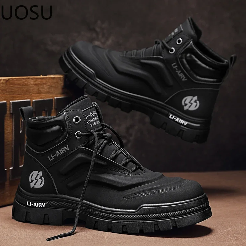 High Boots Motorcyclist Boot Platform High Tops Lace-up Velvet Thickening Hard-wearing Popular Model UOSU Outdoors Winter Boot