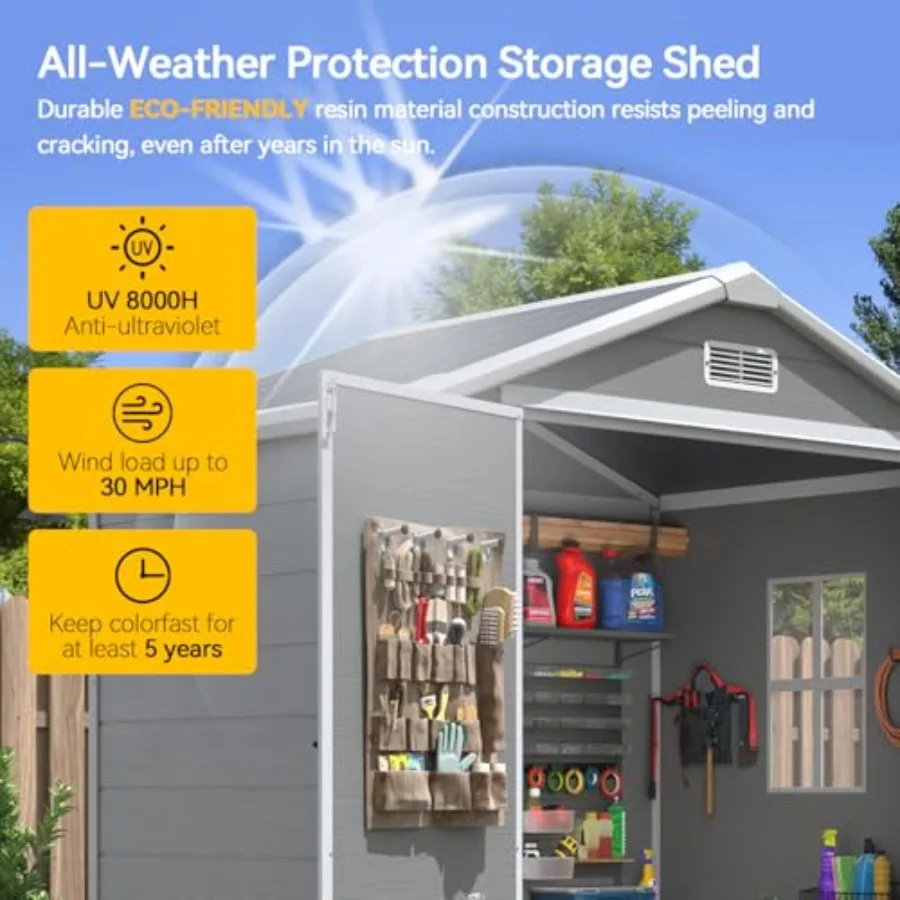 Outdoor storage resin shed for backyard use, gray color, durable polyethylene material, includes floor, weather-resistant and l