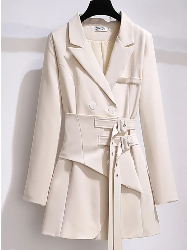 

Designer Luxury Blazer Dresses High Quality 2023 Fashion Notched V Neck Double Breasted Irregular Bandage Blazer Coats 3XL