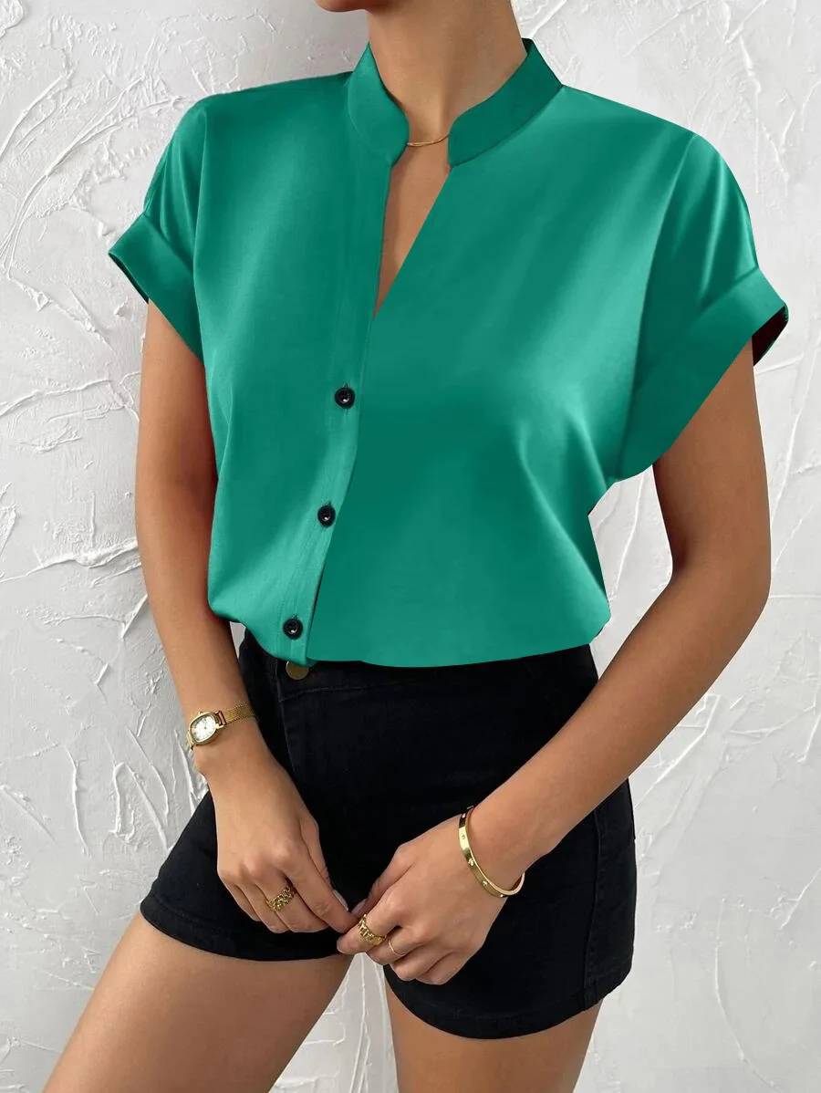 Summer New V-neck Pullover Short Sleeved Female Solid Color Casual Shirt Women\'s Clothing 2024 Button Office Lady Blouse Tops