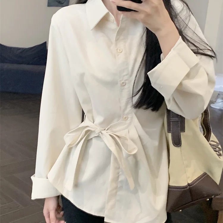Women's Solid Color Lapel Single Breasted Long Sleeve Waist Tie Belt Slim Fit Wrinkle Resistant Breathable Commute Blouse Shirt