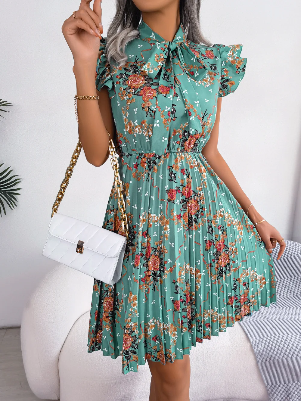 

Fashion Women Dress Floral Printed Spring Summer Lace Up Pleated Butterfly Sleeve Ruffled Bowtie Collar Knee-length Robe Femme