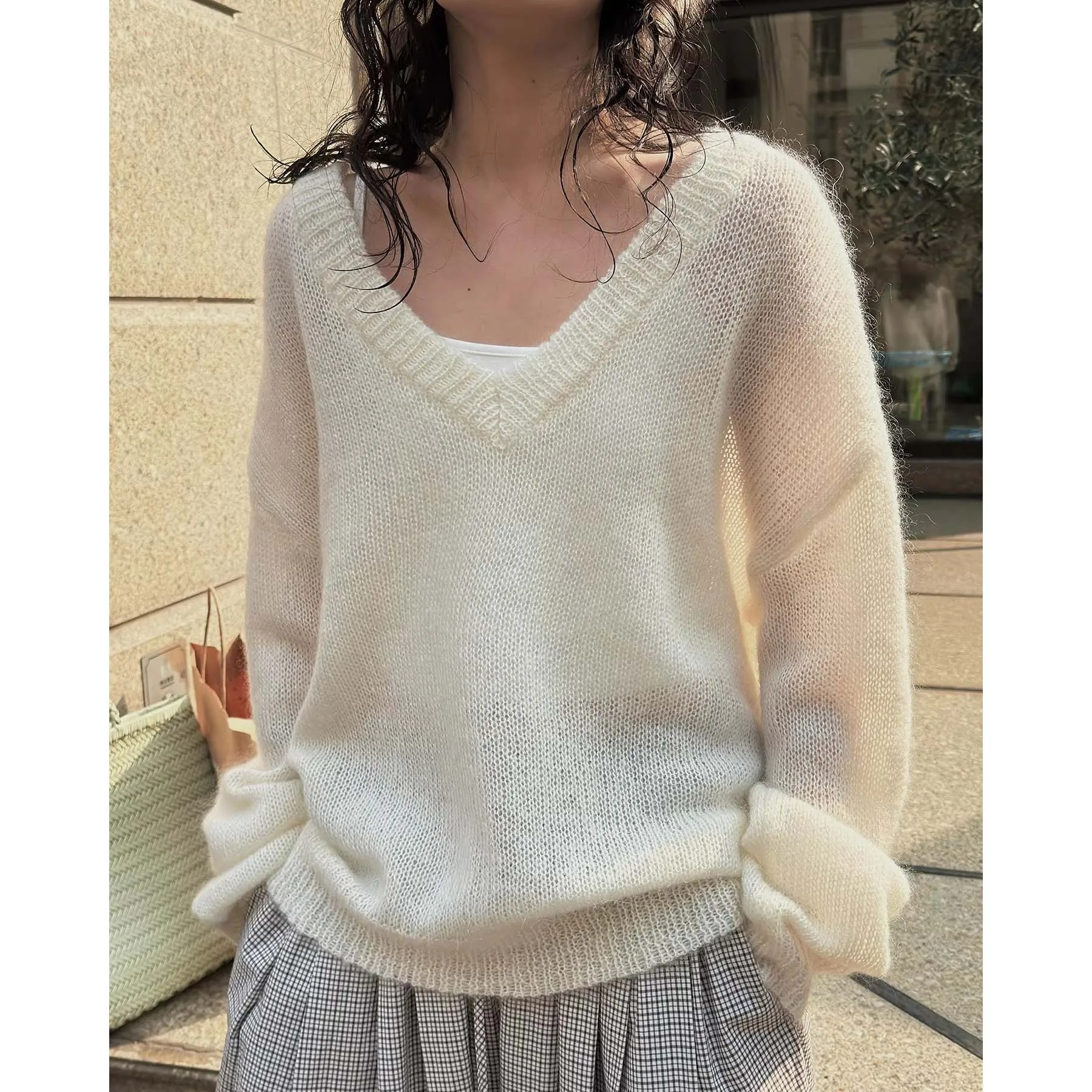 

Свободный вязаный свитер из мохера с напуском, легкий весенний джемпер с v-образным вырезом, весна