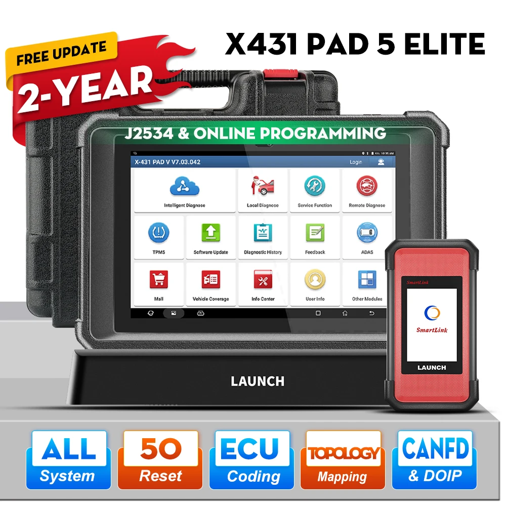 LAUNCH X431 PAD 5 ELITE SmartLink C Programmeur en ligne CAN FD\DOIP\J2534 Outils de diagnostic Auto Scanner OBD OBD2 X-431 PAD V