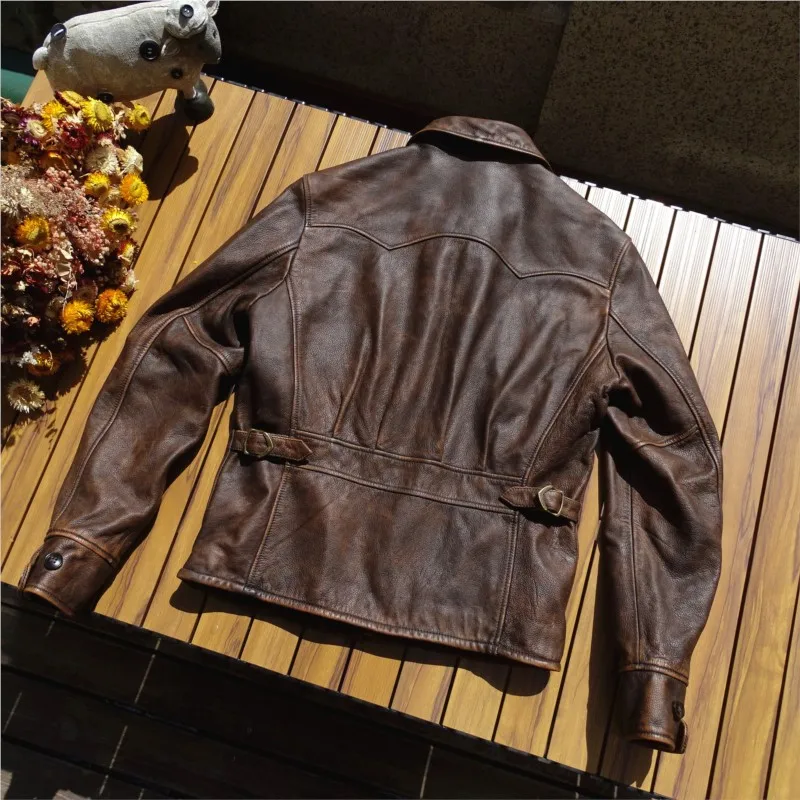 Washed Vintage Cowhide Leather Jacket for Men Coat