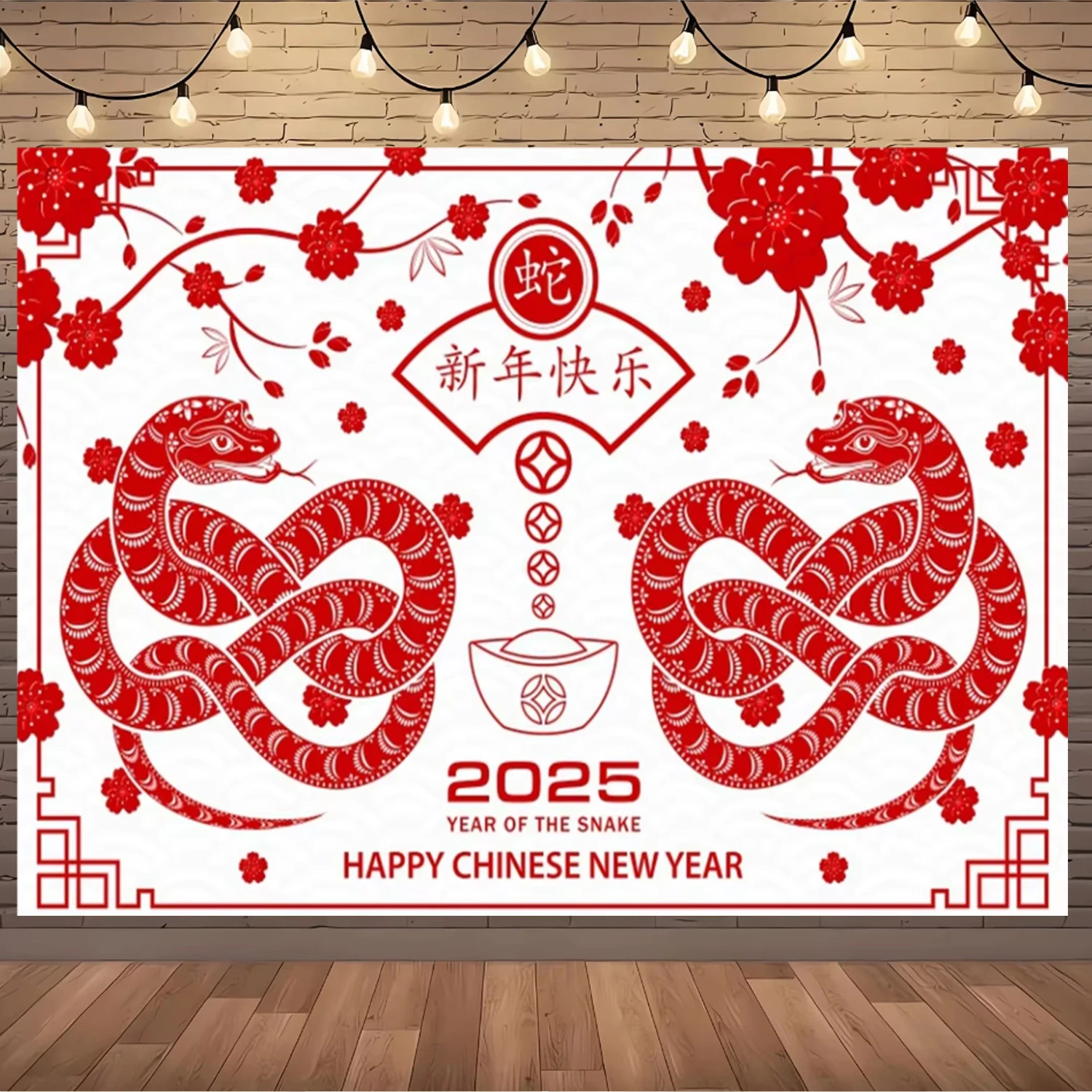 2025 Happy New Year Theme Photography Background Chinese Style Snake Red Lantern Spring Fest Party Photo Banner Decoration Prop