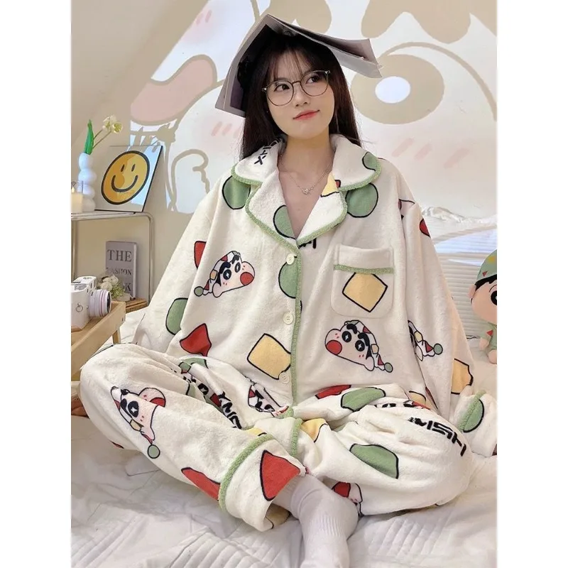 2025 New Coral Velvet pajamas,  Cartoon Crayon Shin chan Crocodile Party, Cute Hello Kitty Autumn/Winter Home Furnishing Set