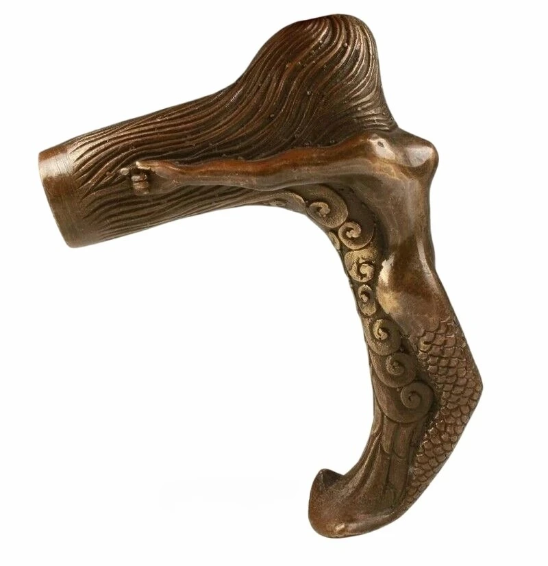 

antique bronze cane walking stick head beauty girl woman statue mermaid