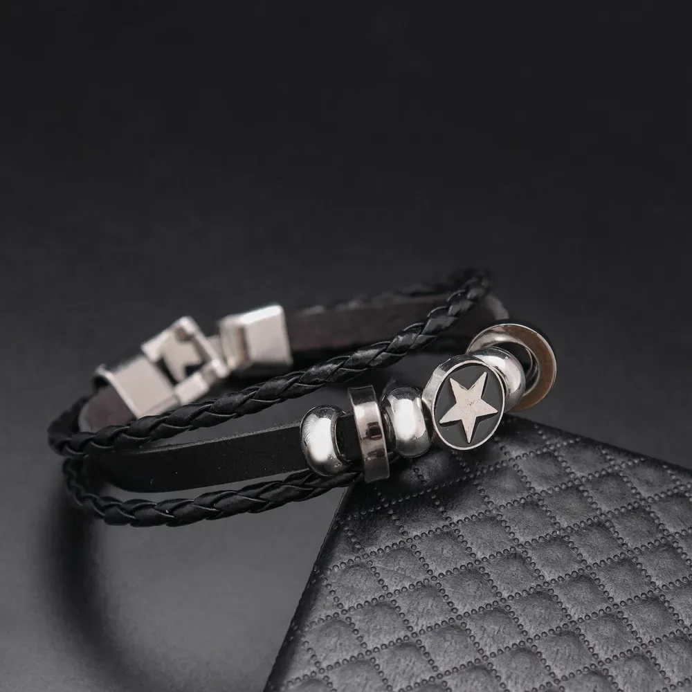 

Alloy Star Bead Design Multilayer Handmade Wove Leather Bracelet Vintage Men Casual Fashion Hand Chian Jewelry Accessory Gift