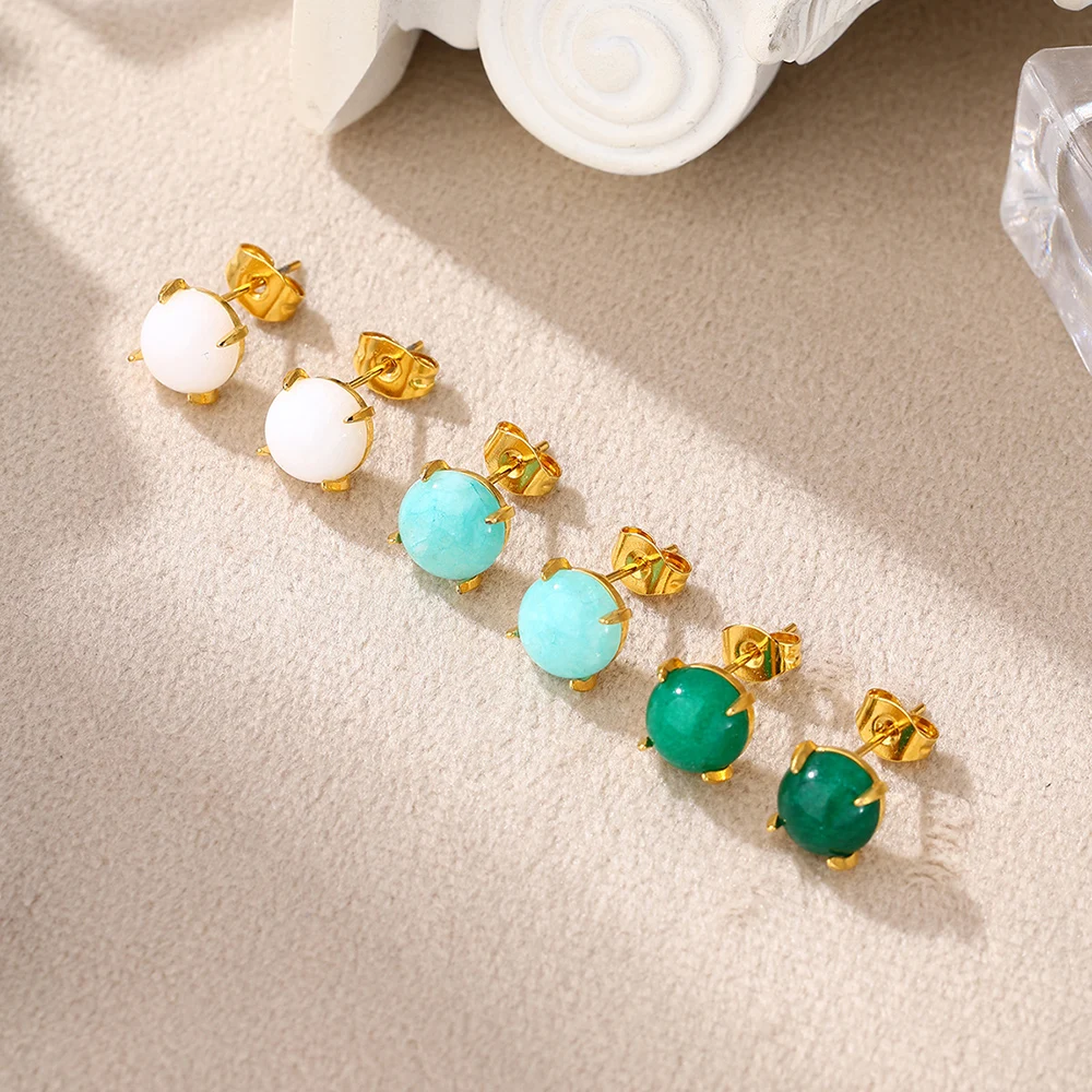 kissmoon Minimalist Simple Round Natural Turquoise White Jade Green Stud Earrings for Women Fashion Daily Wear Jewelry Gifts