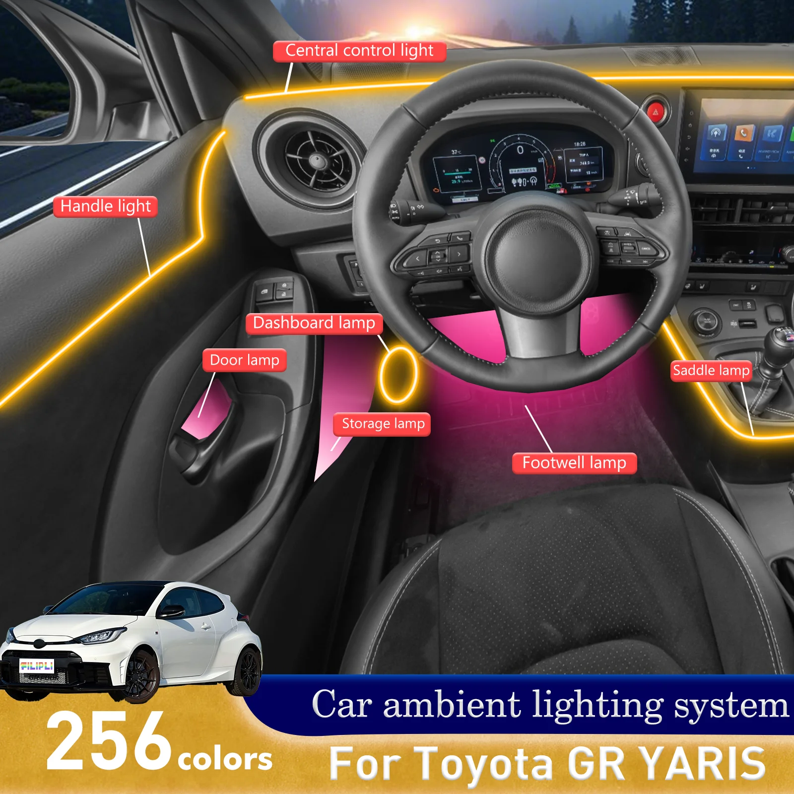 

For Toyota GR YARIS RGB 64 Colors LED Smart Remote Control Car Interior Ambient Light Energy Saving Efficient Lamp Set