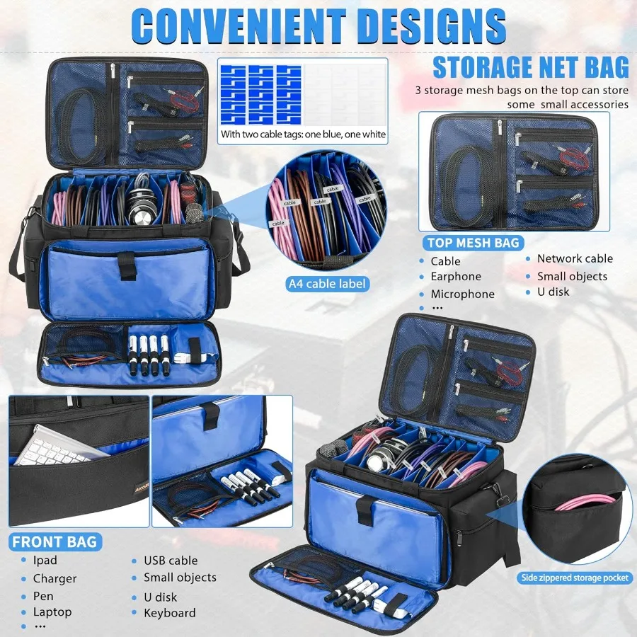 Borsa per cavi con divisori staccabili per accessori per strumenti audio DJ Gear