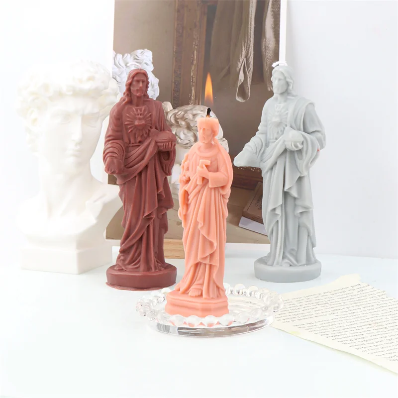 Large Size 3D Jesus Statue Candle Silicone Molds DIY Catholic Human Statue Cement Gypsum Resin Making Mould Religious Home Decor