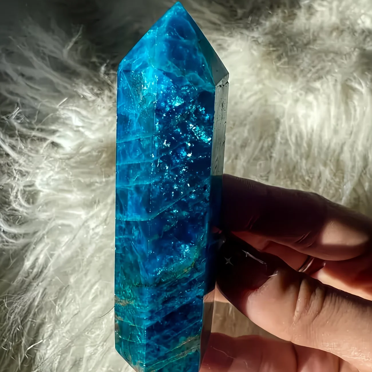 1pc Rare Natural Blue Apatite Single Point Ornament | Hand-Polished Crystal Tower | Unique Textured Collectible Display Piece