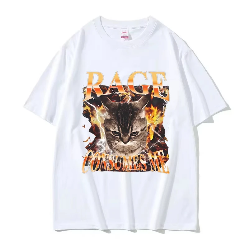 Rage Consumes Me Cat Funny Meme T Shirts Men Women Vintage Fashion Oversized Cotton T-shirt Y2k Harajuku O-Neck Clothing Tshirt