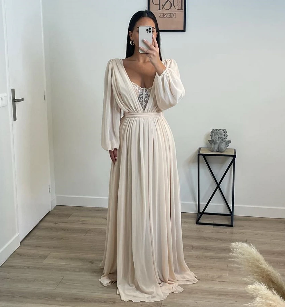 

Sexy V-Neck Prom Gowns Occasion Dress A-Line Party Vestidos Women Elegant Puff Sleeves Ruched Simple Chiffon Split Evening Dress