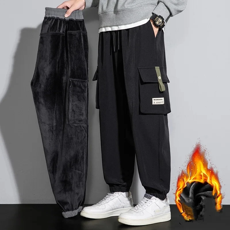 2023 Winter Men Y2k Vintage Baggy Pants Thicken Warm Pants Mens Fleece Cargo Ankle-length Joggers Harem Pants Oversize Trousers