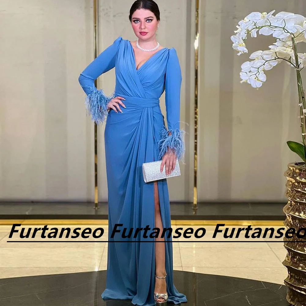 

Chiffon Dubai Mermaid Prom Dress Long Sleeves With Feather V-Neck Draped Brush Train High Split Simple Vestidos Para Mujer Gala