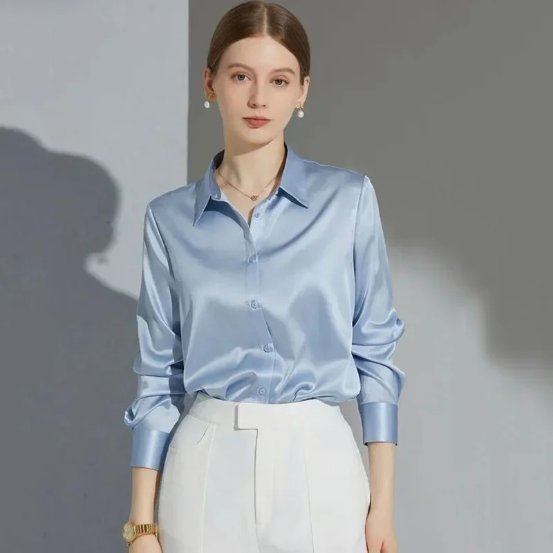 Fanan Hohe Qualität Satin Shirts Frauen Elegante Lose Lange Hülse Taste Büro Dame Blusen Casual Alle-spiel Solide Bluse Frau
