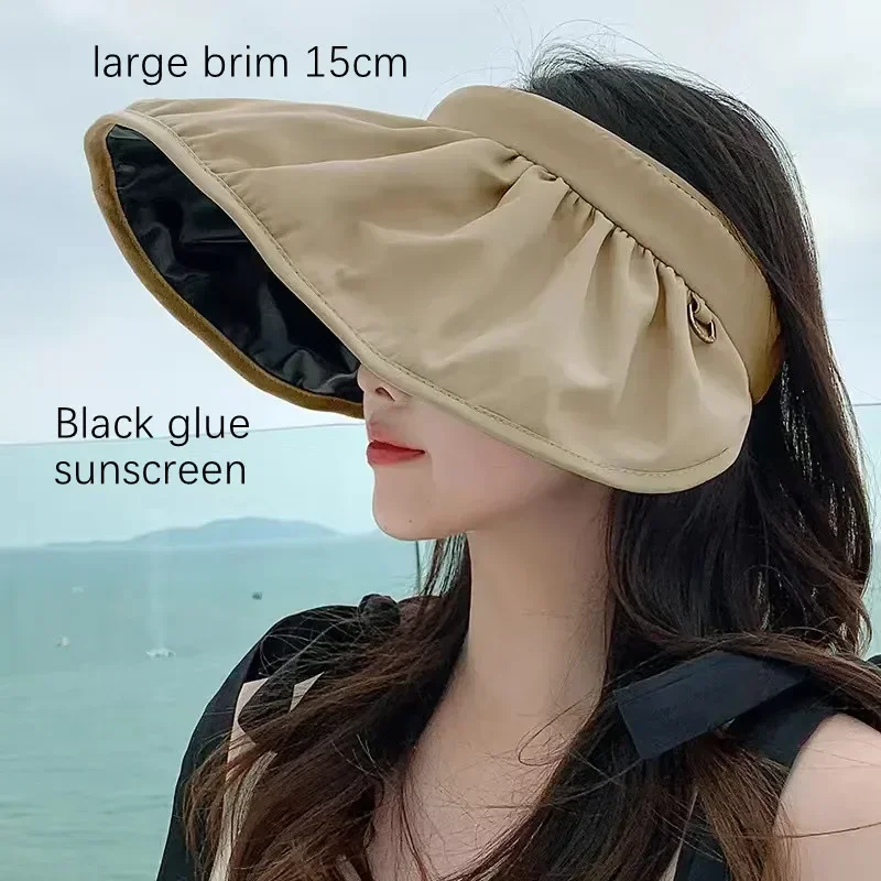 New Large Brim Sun Hats Black Women Glue Sunscreen Sun Protection Caps Fold Portable Hair Hoop Women Hats Caps