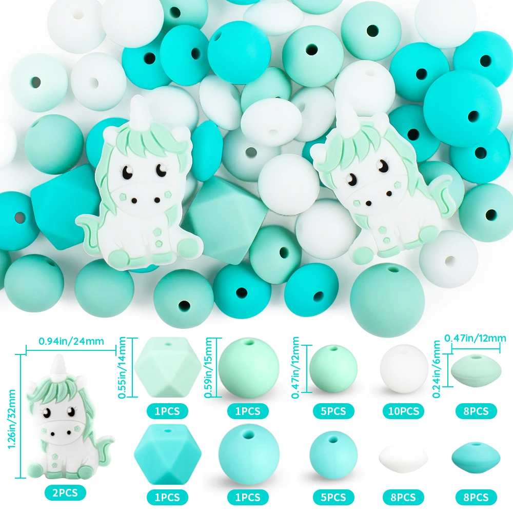 Silicone Unicórnio Beads para DIY Jóias, Nostril Beads, Pérola Cadeia, Colar, Brinquedos, Acessórios, Pen Decor, Série, 50Pcs por Pacote