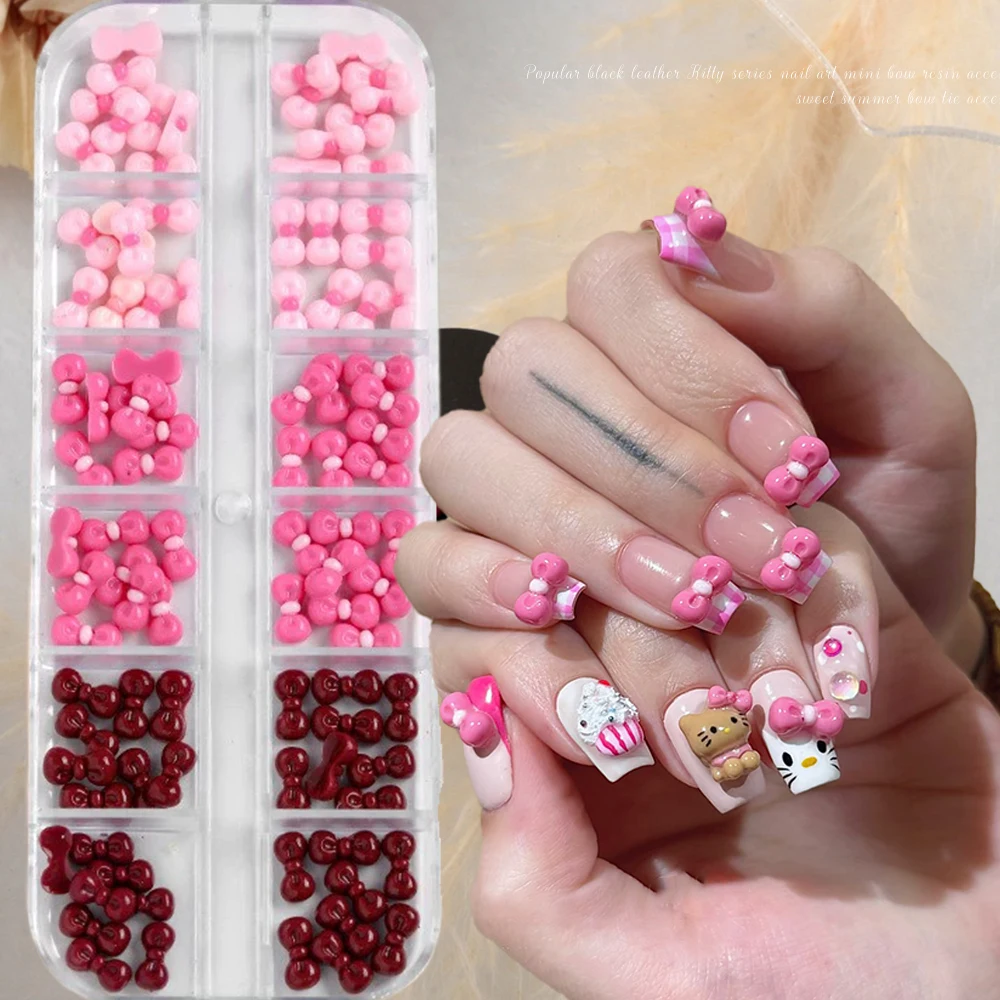 

12Grids/120pcs 3D Pink Red Kawaii Bow Nail Charms Tanning Kitty Bowknot Flatback Y2K Nail Rhinestones KT Cat Bow Nail Decor Part