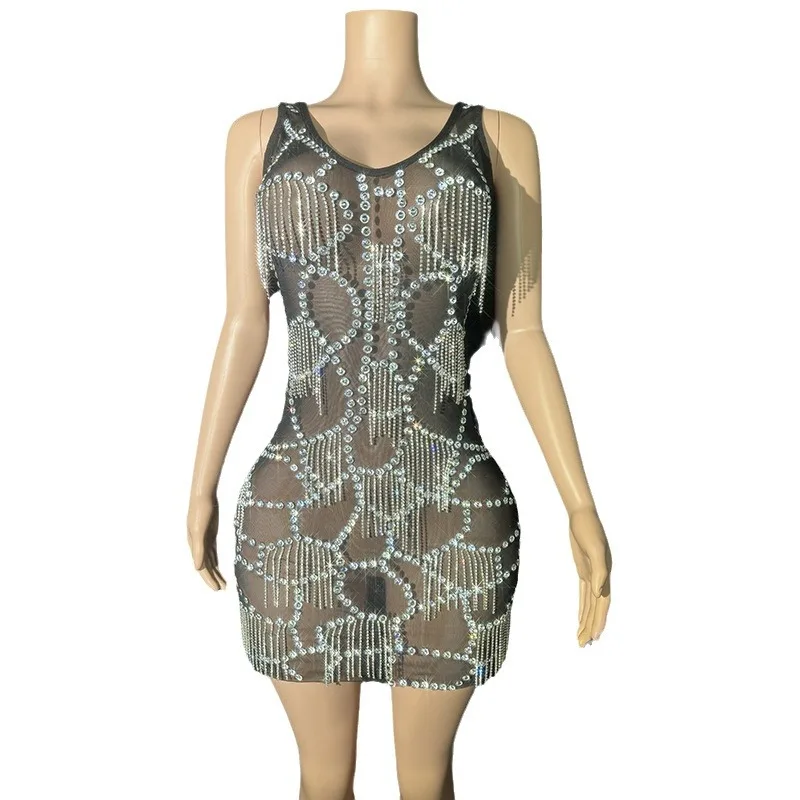 

Bar Nightclub Performance Black Mesh Perspective Sexy Temperament Evening Dress Event Host Evening Model Vestidos Fiesta De Lujo
