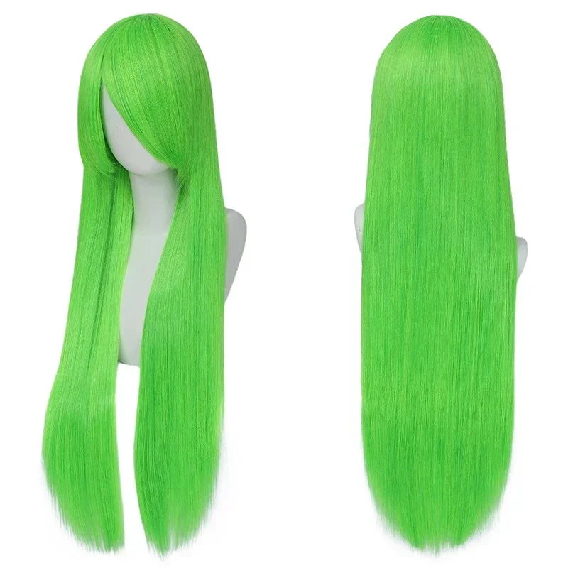 80cm Long Straight Synthetic Cosplay Wig with Bangs, White Green Silver Pink, Heat Resistant