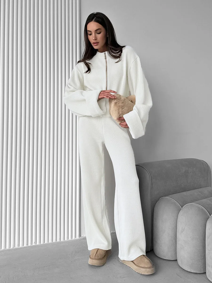 Blubelle Damen-Set, neues Herbst-Winter-Reißverschluss-Jacke, weites Bein, Hose, weicher Strick, lange Ärmel, lockeres, lässiges Strickpullover-Set
