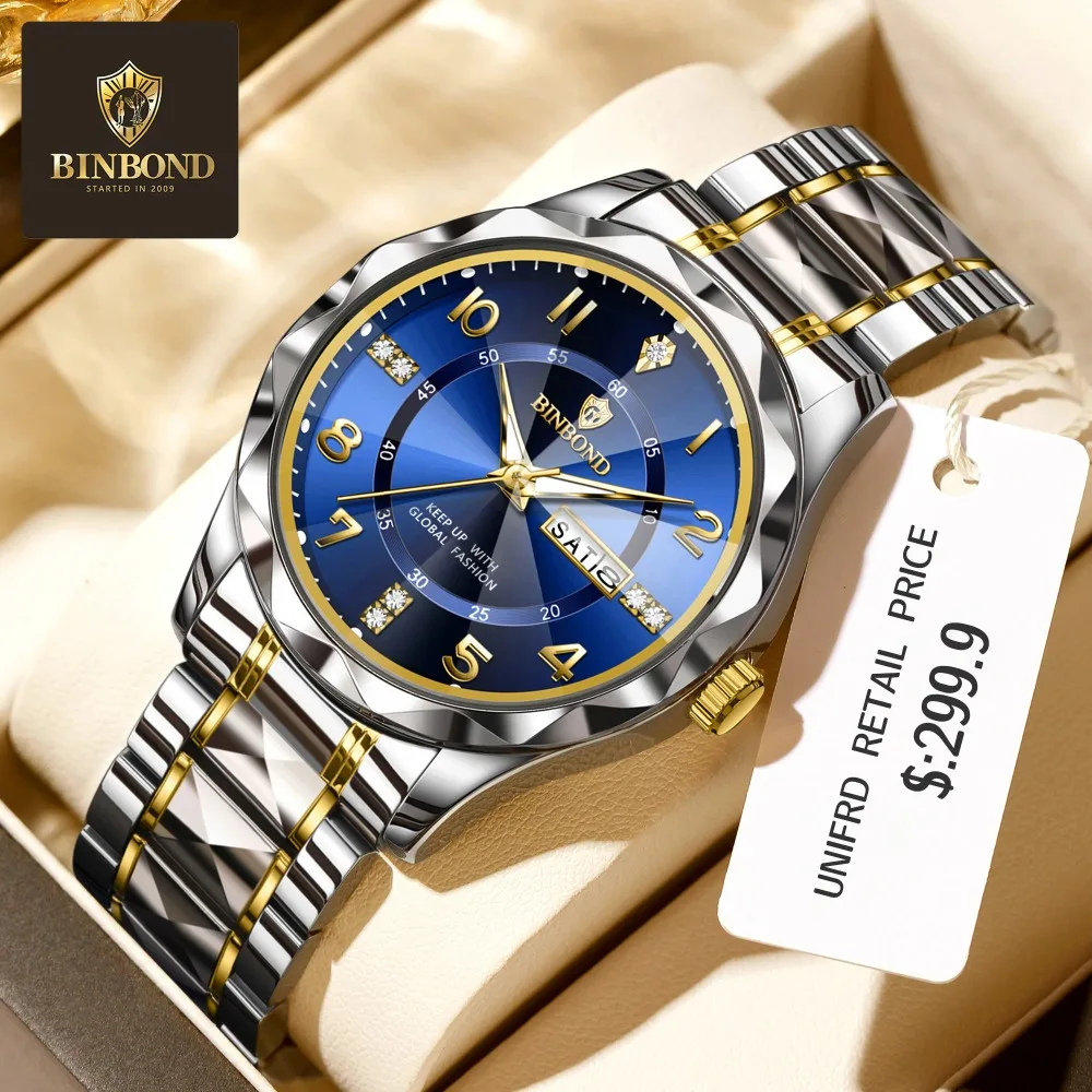 

BINBOND 6632 Fashion Steel Strip Men's Hand Quartz Luminous Waterproof Calendar Watches for Men Relogios Masculino Reloj Hombre