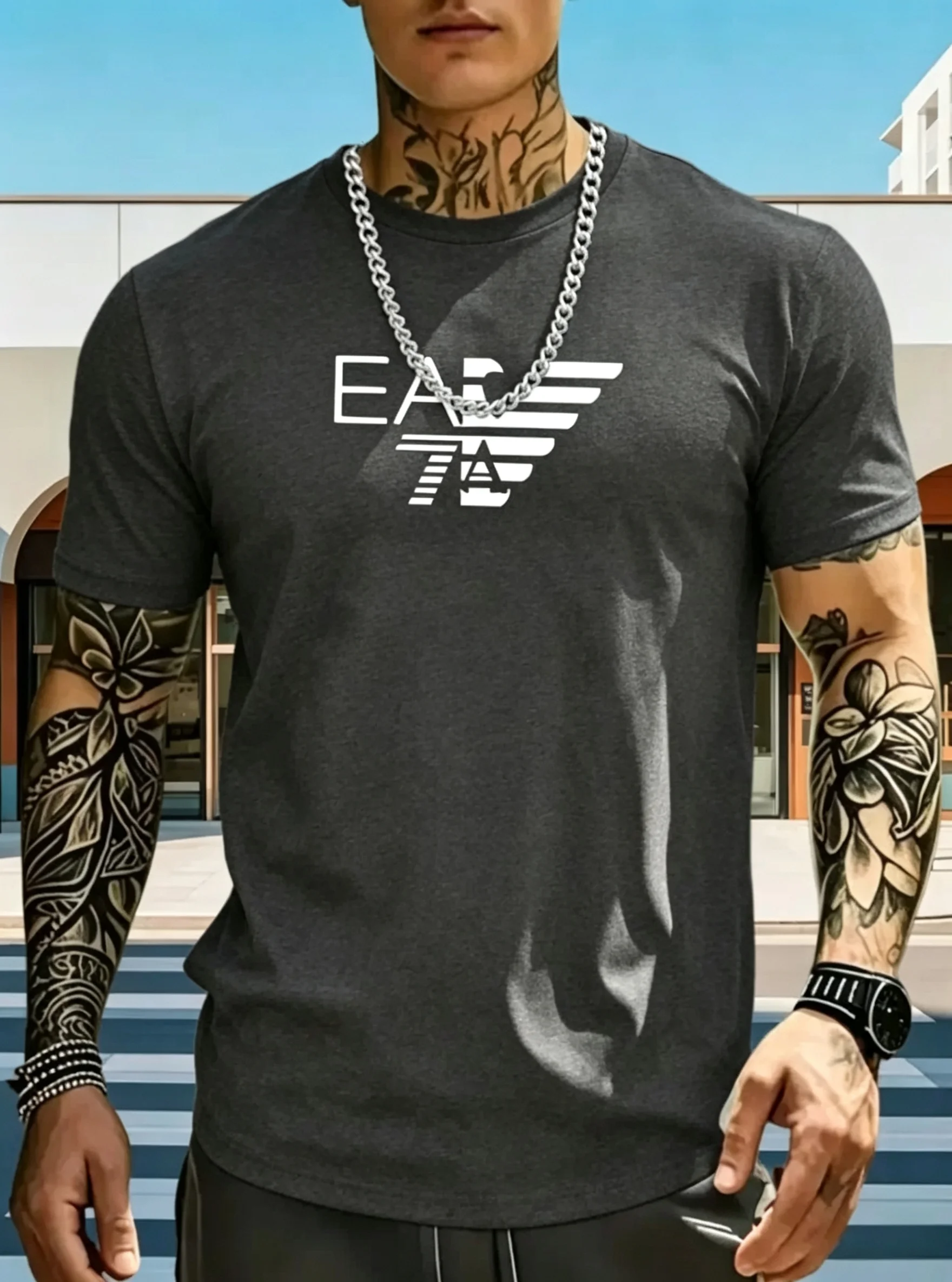 2026 Herren Sommer T-Shirt aus reiner Baumwolle EA7 mit Buchstaben-Print, Rundhalsausschnitt, Kurzarm, lässige Streetwear-Oberteile, in verschiedenen Farben erhältlich – Detail 11
