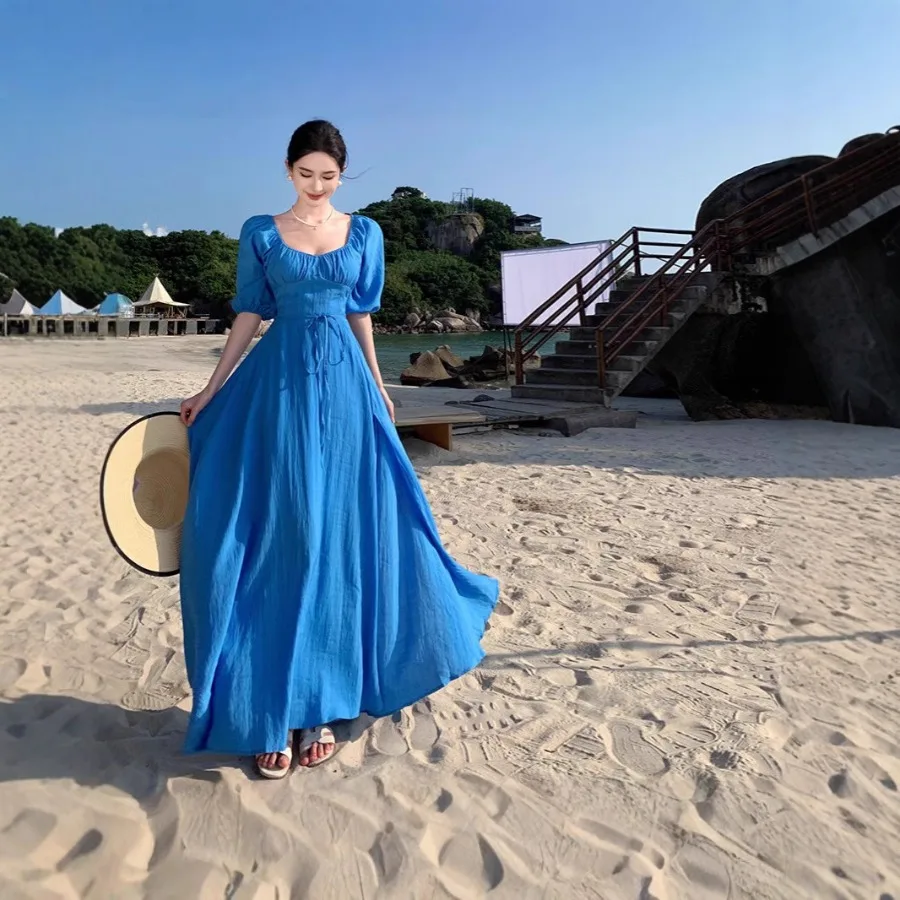 

【New style】Ideal Sanxun blue French retro vacation style backless high split dress long skirt